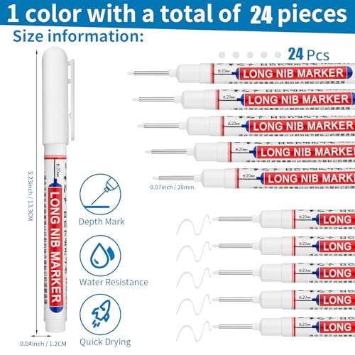 24 PCS Long Head Deep Hole Marker Pens,20mm Long Nib Marker,Longs Nose Markers,Waterproof Construction Markers Marking Tool,Permanent Markers Carpenter Ink marker Pens,Metal marking Pens,White - color: 24PCS-20MM White
