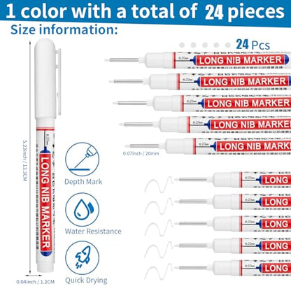 24 PCS Long Head Deep Hole Marker Pens,20mm Long Nib Marker,Longs Nose Markers,Waterproof Construction Markers Marking Tool,Permanent Markers Carpenter Ink marker Pens,Metal marking Pens,White - color: 24PCS-20MM White