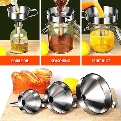 YGDZ Stainless Steel Funnel, 3PCS Kitchen Funnels for Filling Bottles Set, Large Food Grade Metal Funnel with 3pcs Removable Strainer, 2pcs Brushes, Funnels for Kitchen Use, Bottle Funnel for Liquid