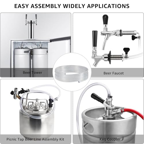 25 Feet - Hgkeke Kegerator Beer Line 3/16 Beer Line Vinyl Tubing Keg Beer Line Replacement Kit Kegerator Tubing with 6 Pcs Beer Line Clamps, Keg Hose for D Coupler, Draft Beer Tower Beer Dispensing - size: 25ft-Clear Beer Line