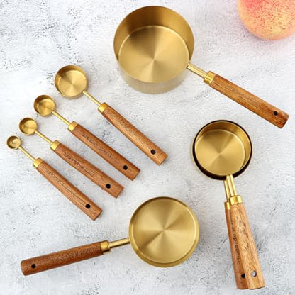 Gold Measuring Cups and Spoons Set of 8, Stackable Stainless Steel Measuring Spoons and Measuring Cup Set with Wood Handles, Dry & Liquid Measuring Cups for Cooking & Baking
