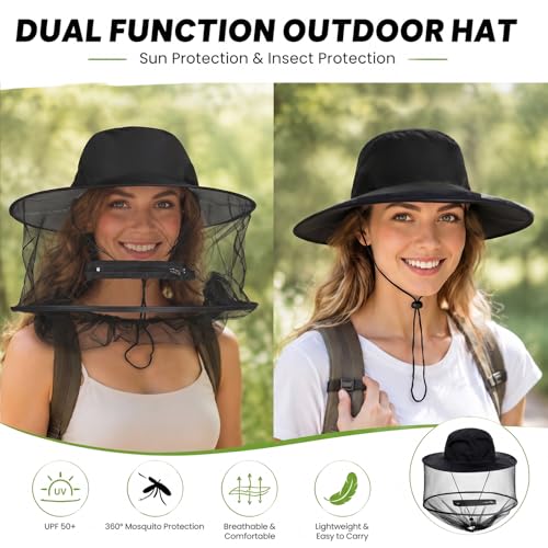 Sucrain Mosquito Head Net Hat Sun Hat Garden Bug Hat with Hidden Net Mesh for Outdoor Gardening Beekeeping - color: Black
