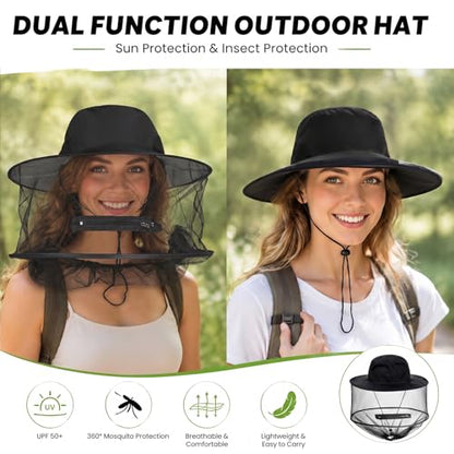 Sucrain Mosquito Head Net Hat Sun Hat Garden Bug Hat with Hidden Net Mesh for Outdoor Gardening Beekeeping - color: Black