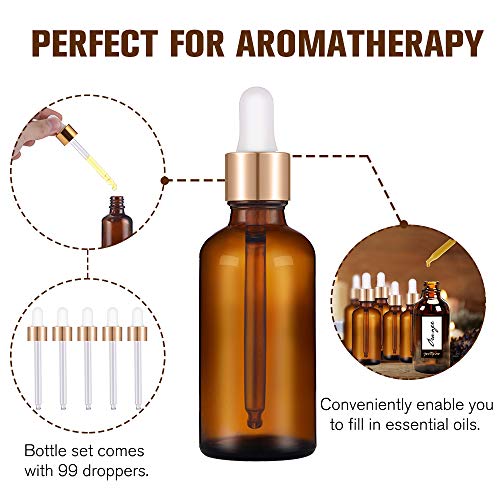 PrettyCare Glass Eye Dropper Bottles 99 Pack, 1oz (30ml) Amber Empty Thick Bottles Bulk with Leakproof Golden Caps - With Labels & Funnels for for Storage, Travel,Essential Oils, DIY Serums - color: 1oz Amber, style: 99 Pack