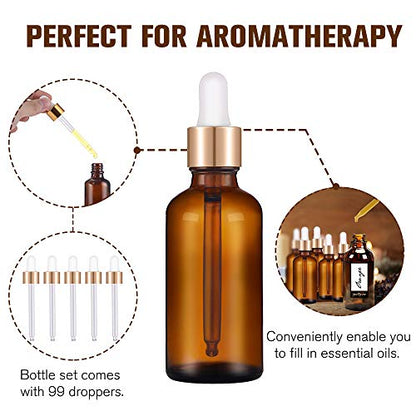 PrettyCare Glass Eye Dropper Bottles 99 Pack, 1oz (30ml) Amber Empty Thick Bottles Bulk with Leakproof Golden Caps - With Labels & Funnels for for Storage, Travel,Essential Oils, DIY Serums - color: 1oz Amber, style: 99 Pack