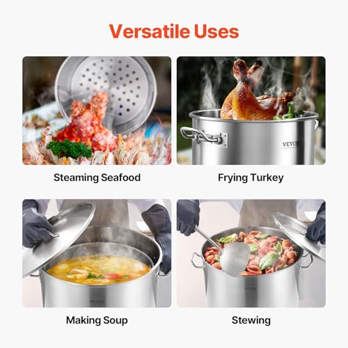VEVOR Stainless Steel Stockpot, 84 Quart Large Cooking Pots, Cookware Sauce Pot with Basket, Lid, and Handle, Heavy Duty Commercial Grade Stock Pot, Sanding Treatment, for Large Groups Events Silver - size: 84 Quarts