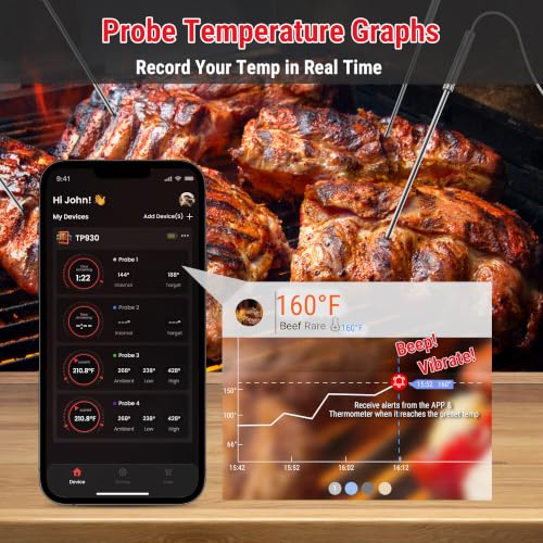 TempPro 650 ft Bluetooth Meat Thermometer with 4 Color-Coded Probes, Wireless Meat Thermometer Digital Wireless with Timer, Commercial Cooking Tools & Utensils Rechargeable for Smoker Oven - style: 4 Probes