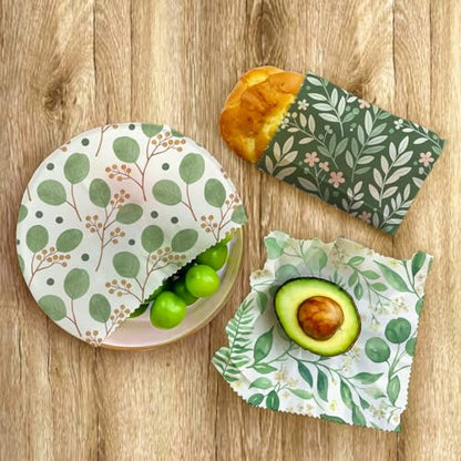 Beeswax Food Wraps, Botanical Leaves Wrap, 9 Pack Eco-Friendly Food Storage, Organic, Sustainable, Biodegradable, Zero Waste, Plastic-Free, For Sandwich, Bowl, Bread, 1XL, 3M, 5S - color: Green Botanical1