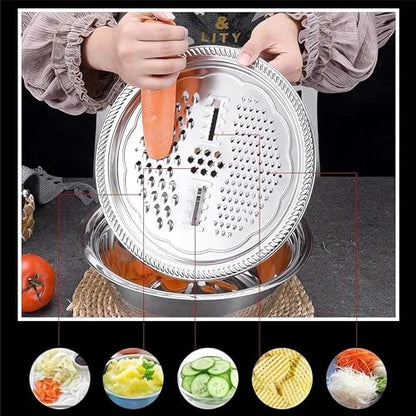 Germany Multifunctional Stainless Steel Basin,Multifunction Stainless Steel Basin with Grater 3 in 1 Vegetable Cutter for Kitchen, Vegetable Slicer Grater Strainer and Drain Basket(10.2)