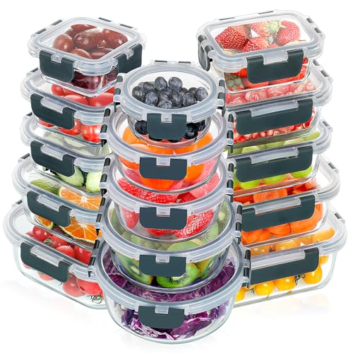 VERONES 30 Pieces Glass Meal Prep Containers Set, Stackable Glass Food Storage Containers with Lids-Airtight Lunch Containers，for Microwave, Oven, Freezer & Dishwasher,Grey - color: Grey-30