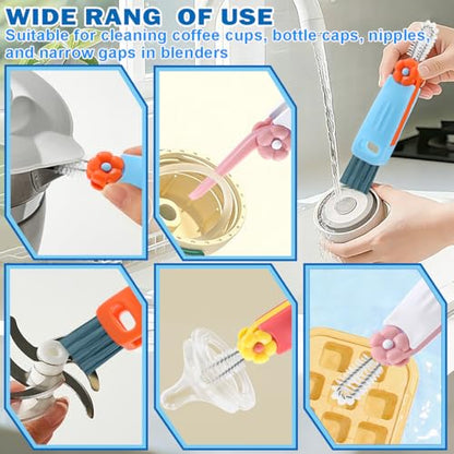 3 in 1 Cup Lid Cleaning Brush, 4PCS Multifunctional Crevice Cleaning Brush for Water Bottle Insulated Cup Tumbler Lid Groove Narrow Space Detail Cleaner Home Kitchen Gadgets - color: Red, Blue, White, Orange(flower)