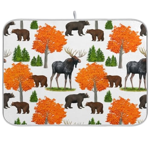 Bear Moose Trees Dish Drying Mat for Kitchen Counter Super Absorbent Draining Mat with Non-slip Backed Sink Tray Mat for Countertops Sinks Draining Racks Dish Bottles Cups Bowl