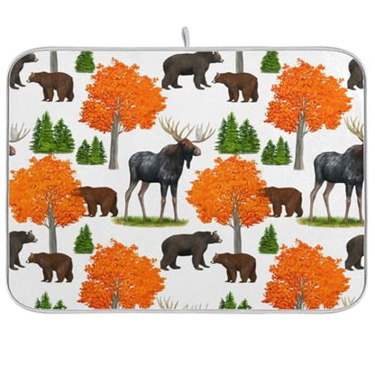 Bear Moose Trees Dish Drying Mat for Kitchen Counter Super Absorbent Draining Mat with Non-slip Backed Sink Tray Mat for Countertops Sinks Draining Racks Dish Bottles Cups Bowl