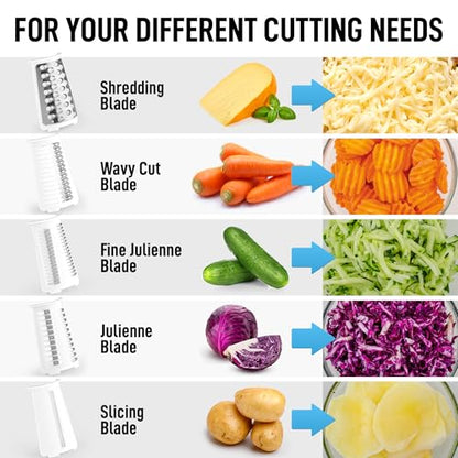 Zulay Kitchen Rotary Cheese Grater 5 Blade Cheese Shredder - Manual Hand Crank Cheese Grater With Reinforced Suction & 5 Interchangeable Drums - Easy to Use, Vegetable Chopper Round Mandoline Slicer - color: White and Light Blue