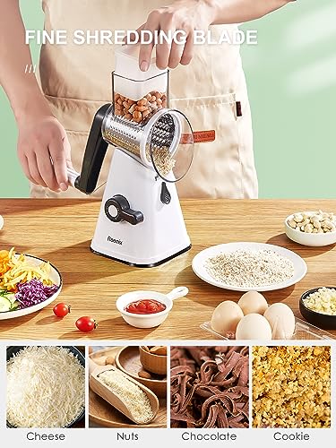 Rotary Cheese Grater with Handle, Reemix Vegetable Cheese Shredder Slicer Grater for Kitchen 3 Changeable Blades for Cheese Potato Zucchini Nuts Chocolate (White) - color: White