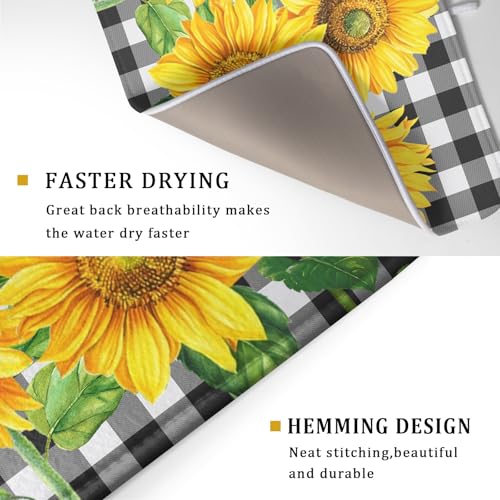 Sunflower Dish Drying Mat for Kitchen Counter Black White Buffalo Plaid Microfiber Absorbent Dish Draining Reusable Washable Foldable Extra Large 18"x24" - size: 24" x 18"