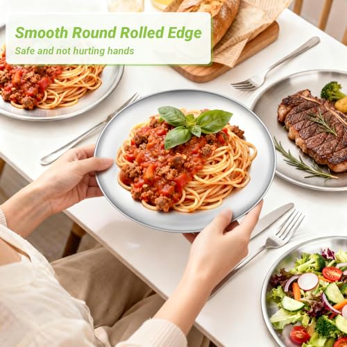 Metal Dinner Plate, 4 Pack 10.2 inch Large 201 Stainless Steel Plates, Reusable Lunch Salad Pizza Food Serving Snack Eating Dishes Round Brushed Finish Silver Sturdy Dish Oven Dishwasher Safe - size: 10.2"