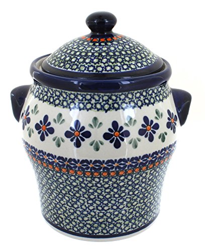 Blue Rose Polish Pottery - Green Mosaic Flower Large Canister - 6 Cup Capacity - Hand-Painted Polish Pottery Ceramic Kitchen Storage Jar with Lid