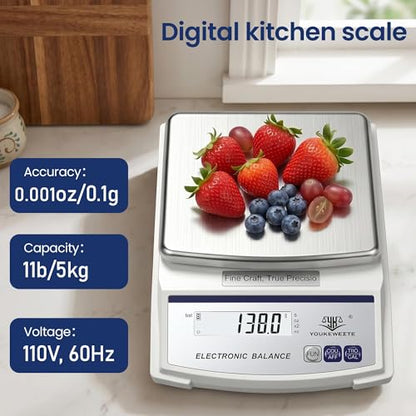 Digital Kitchen Scale 5000g×0.1g, Gram Scale for Food, Baking & Coffee | High Accuracy Scale, LED Screen, g/oz/ct, Tare & Count, Scale for Coins, Metals, Gems & Lab Use