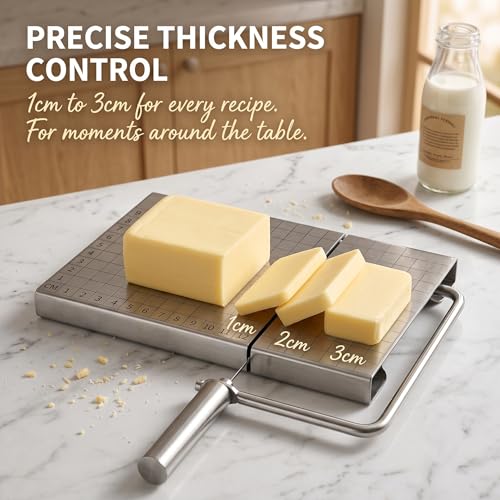 Cheese Slicer Board with Wire, Stainless Steel Cheese Cutter with Measuring Grid, Adjustable Thickness for Cheese & Butter, Includes 5 Replacement Wires