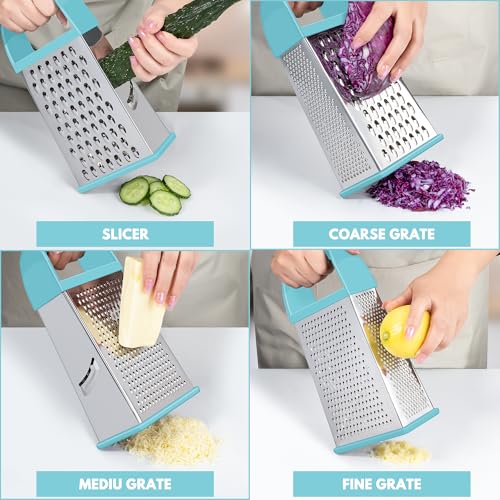 Urbanstrive Cheese Grater With Container, Professional Cheese Grater with Handle, Stainless Steel Graters for Kitchen Handheld, Box Grater with 4 Sides for Vegetables, Ginger, Potatoes (Blue) - color: Blue
