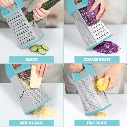 Urbanstrive Cheese Grater With Container, Professional Cheese Grater with Handle, Stainless Steel Graters for Kitchen Handheld, Box Grater with 4 Sides for Vegetables, Ginger, Potatoes (Blue) - color: Blue