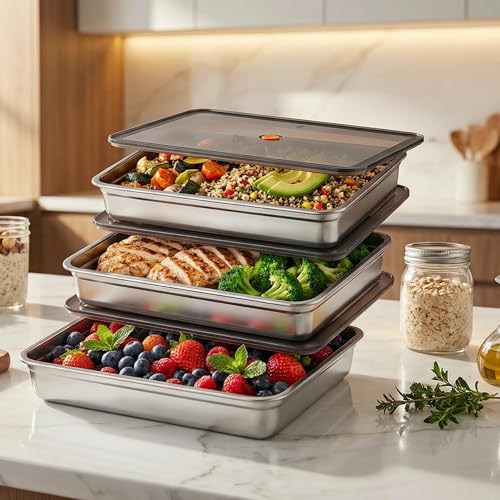 Stainless Steel Food Storage Containers, Silver, Airtight with Vacuum Seal, Stackable Rectangular, 3-Piece Set, BPA-Free Lids, for Meal Prep and Leftovers Storage(Shallow- 1.9'' Height) - color: Black - 1.9'' Height