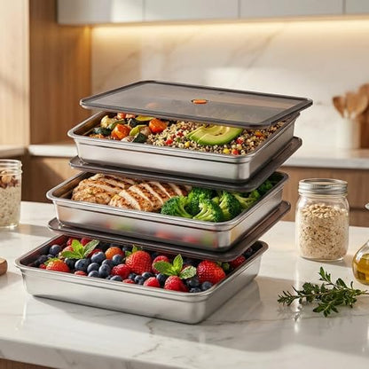 Stainless Steel Food Storage Containers, Silver, Airtight with Vacuum Seal, Stackable Rectangular, 3-Piece Set, BPA-Free Lids, for Meal Prep and Leftovers Storage(Shallow- 1.9'' Height) - color: Black - 1.9'' Height