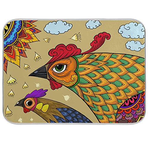 Absorbent Dish Drying Mat for Kitchen Counter - Color Big Rooster Microfiber Drying Pad, Reversible Drainer Mats for Countertop, Medium 16 x 18 inch - color: 29 Colorful Big Rooster, size: M