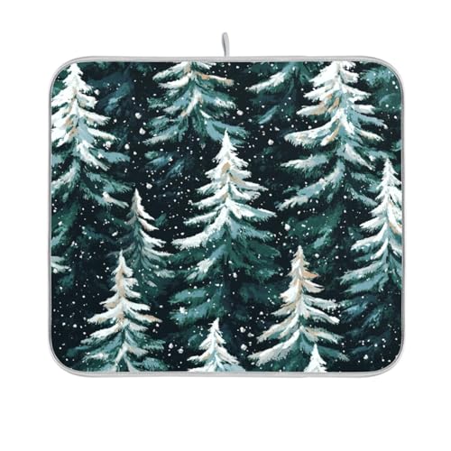 Green Christmas Snow Trees Dish Drying Mat for Kitchen Counter Microfiber Absorbent Drainer Draining Rack Mats Small Cloth Kitchen Drying Pad Heat Resistant for Countertop 16x18 - color: Green Christmas Snow Trees, size: 16x18in