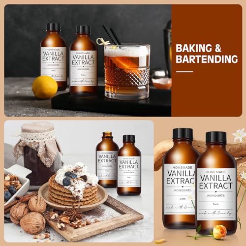 16 Pack 4 oz Amber Glass Bottle Boston Round Bottles with Black Poly Caps Brown Vanilla Extract Bottles for Essential Oil, Perfume and Liquid, Contains 16 Homemade Stickers, 4 Funnels, 1 Eyedropper