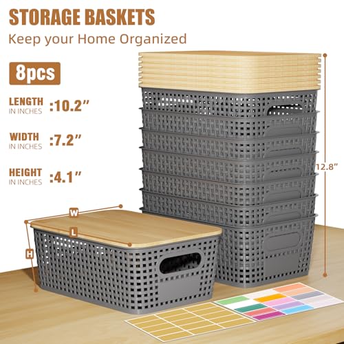 8 Pcs Plastic Storage Bins with Bamboo Lids and Labels 5.29qt Stackable Box Basket Pantry Decorative Containers, Small Storage Baskets for Drawers Organizing Closets Bedrooms Cabinets 10*7.2*4.1" - style: Gray-Bamboo Lid