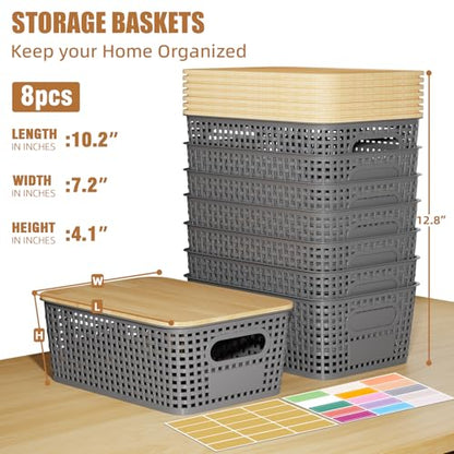 8 Pcs Plastic Storage Bins with Bamboo Lids and Labels 5.29qt Stackable Box Basket Pantry Decorative Containers, Small Storage Baskets for Drawers Organizing Closets Bedrooms Cabinets 10*7.2*4.1" - style: Gray-Bamboo Lid