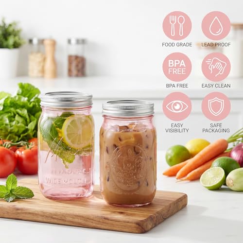 SUT Wide Mouth Mason Jars 32 oz,9 Pack Quart Mason Jars With Airtight lids and Bands,Pink Canning Jars 32 oz for Preserving,Meal Prep,Overnight Oats,Fermenting, Pickling - color: Pink