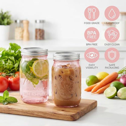 SUT Wide Mouth Mason Jars 32 oz,9 Pack Quart Mason Jars With Airtight lids and Bands,Pink Canning Jars 32 oz for Preserving,Meal Prep,Overnight Oats,Fermenting, Pickling - color: Pink