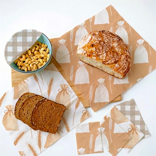 Reusable Beeswax Wrap, Flour Sack and Gingham Wraps, 9 Pack Sheets for Bread, Fruit, Bowl, Organic, Sustainable, Zero Waste, Plastic-Free Food Storage, 1XL, 3M, 5S - color: Beige Wheat Sacks