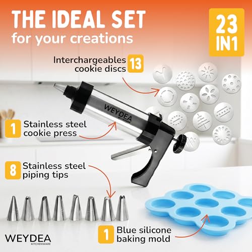 Cookie Press Gun Kit 23 in 1 - Stainless Steel Cookie Maker with 13 Discs, 8 Piping Tips & Silicone Baking Mold - Cookie Making Kit for DIY Baking