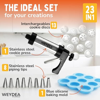 Cookie Press Gun Kit 23 in 1 - Stainless Steel Cookie Maker with 13 Discs, 8 Piping Tips & Silicone Baking Mold - Cookie Making Kit for DIY Baking
