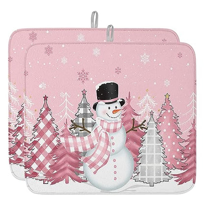 Pink Snowman Christmas Dish Drying Mat for Kitchen Counter, Microfiber Rack Pads, Winter Snowflake Pink Grey Xmas Tree Absorbent Dish Bottle Drying Mat, 16''x18'', 2 Pack - size: 2PCS-16x18in