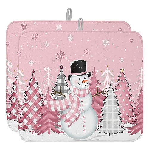 Pink Snowman Christmas Dish Drying Mat for Kitchen Counter, Microfiber Rack Pads, Winter Snowflake Pink Grey Xmas Tree Absorbent Dish Bottle Drying Mat, 18''x24'', 2 Pack - size: 2PCS-18x24in