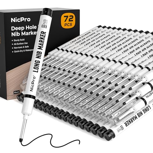 Nicpro 72 PCS Long Nib Marker Pens, 20mm Black Deep Hole Markers Bulk, Quick Dry & Waterproof Construction Marker, Long Head Mark Pens for Metal Steel Tile Glass Carpenter Marking Tool for Woodworking