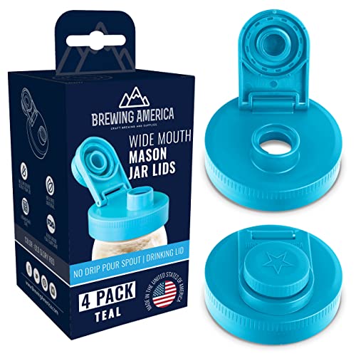 Mason Jar Lids Wide Mouth Plastic 4 pack-USA Made-Flip Cap Screw Top Pour Spout Drink Hole - Leak-proof for Kerr and Ball Canning Jars - Airtight for Drinks to Go and Controlled Pouring - Teal - color: Teal