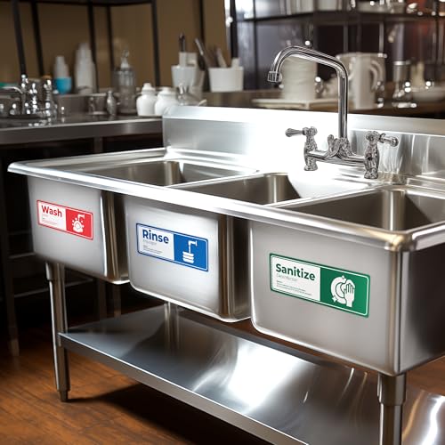 5 Pack Wash Rinse Sanitize Sink Labels - 3"x9", Waterproof Sticker Signs, 3 Compartment Sink Labels - Restaurant Supplies, Food Truck, Dishwashing Wash Station - color: 5 Pack (Set 2)