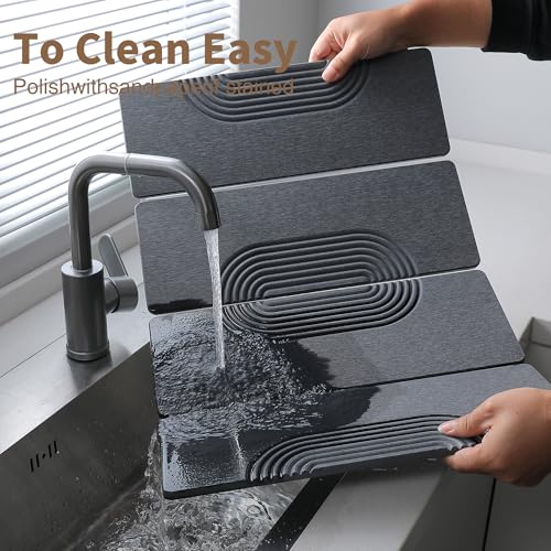 Large Stone Dish Drying Mat for Kitchen Counter,Collapsable Stone Dish Drying Mat with Diatomaceous Earth for Quick Drying-Ultra Absorbent-Eco-Friendly,Foldable-23.6"×15.7" Dark Gray Curved Grooves - color: HXTY-Dark Grey
