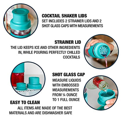 Masontops Cocktail Shaker Lids – Compatible with any Regular Mouth Mason Jar – 2-Pack with 1oz Jigger Caps - Teal - color: Shaker Lids Teal
