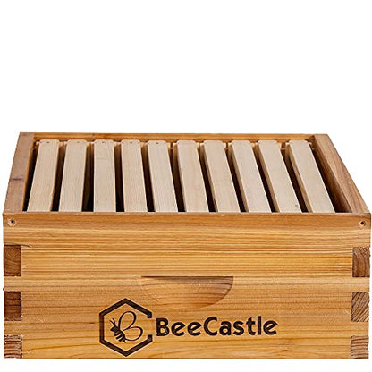 BeeCastle 10 Frame Medium Super Bee Hive Box, Langstroth Honey Bee Hive Dipped in 100% Beeswax Include Beehive Frames and Wax Foundations (Unassembled) - size: 10-Frame