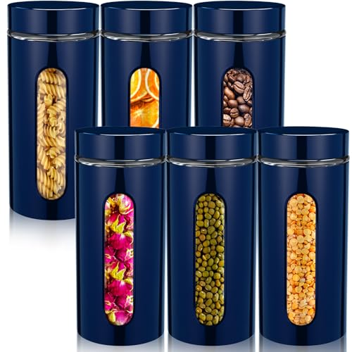 Mimorou 6 Pack Kitchen Canisters Set Airtight Coffee Sugar Tea Storage Jars with Window Glass Stainless Steel Containers with Lids for Flour Cookies Spices Grains Kitchen Decorations(Navy Blue,44 oz) - color: Navy Blue, size: 44 oz