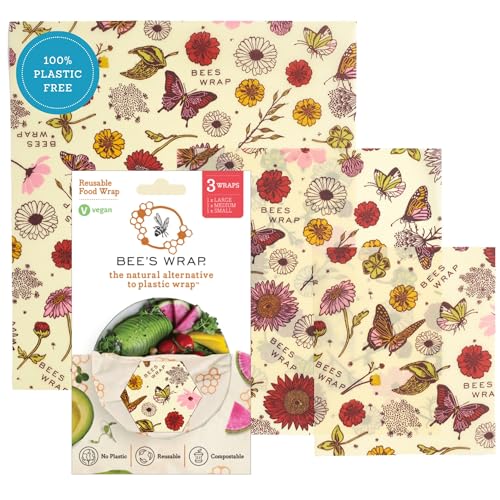 Bee's Wrap Vegan Beeswax Wraps for Food - 3 Pack of Assorted Beeswax Wraps - Small, Medium & Large Wrap - Plastic Free Made in USA Reusable Natural Food Wrap - Meadow Magic Print - style: Vegan Meadow Magic