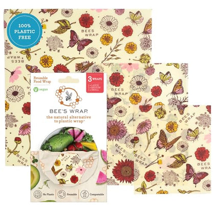Bee's Wrap Vegan Beeswax Wraps for Food - 3 Pack of Assorted Beeswax Wraps - Small, Medium & Large Wrap - Plastic Free Made in USA Reusable Natural Food Wrap - Meadow Magic Print - style: Vegan Meadow Magic