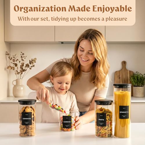 EDELHAUS Glass Storage Containers with Black Lids [Extra Thick Glas] with 54 Labels - Canister For Pantry Noodles Flour Cereal Rice Sugar Tea Coffee Beans - Round Set of 5x - color: 5 Pack - Black Lids